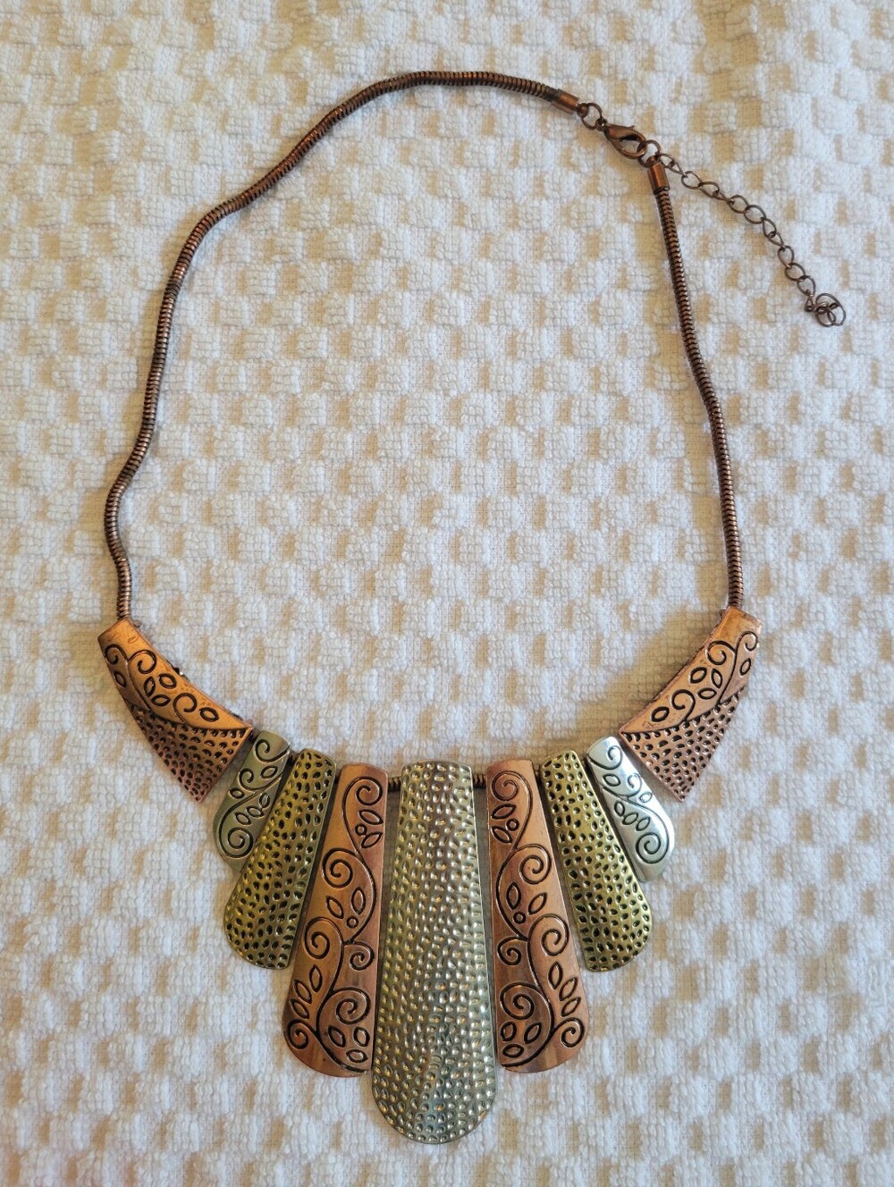 Handcrafted Three-Tone Metal Statement Necklace - Gold, Copper, and Silver